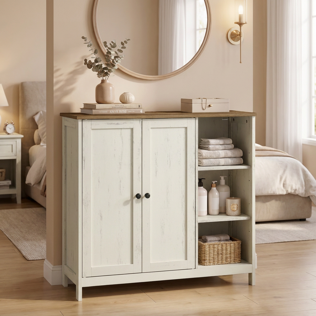 Freestanding Bathroom Cabinet with 2 Doors and Open Shelves, 35.4 x 11.8 x 31.5 inches, White and Tan