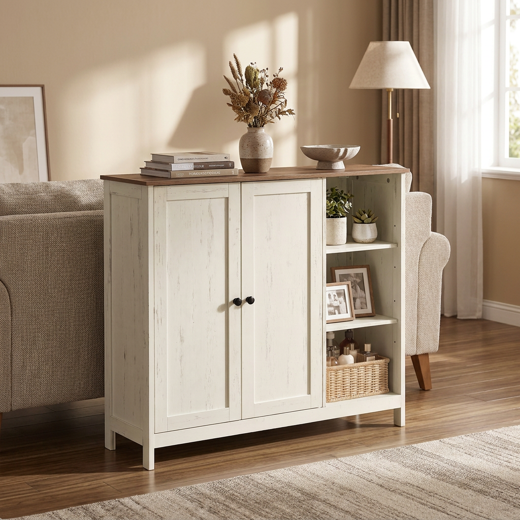 Freestanding Bathroom Cabinet with 2 Doors and Open Shelves, 35.4 x 11.8 x 31.5 inches, White and Tan