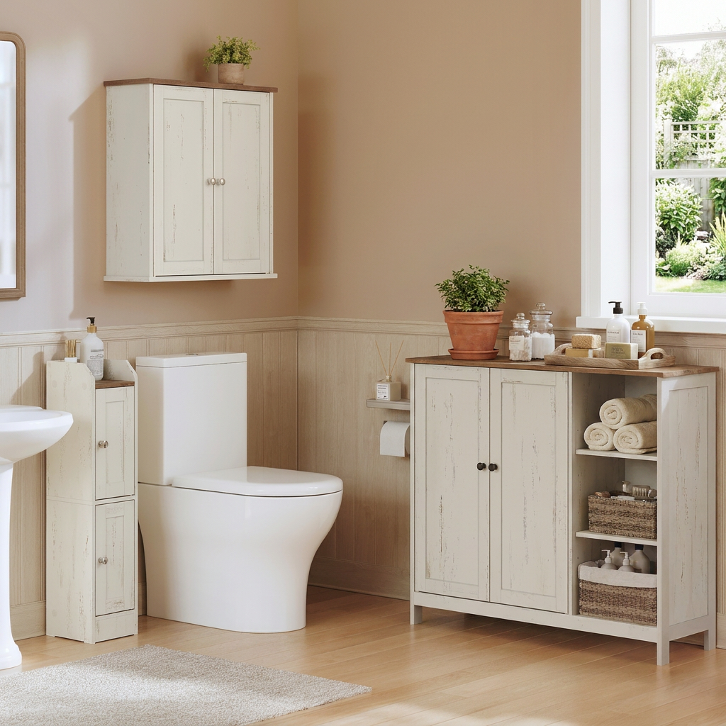 Freestanding Bathroom Cabinet with 2 Doors and Open Shelves, 35.4 x 11.8 x 31.5 inches, White and Tan
