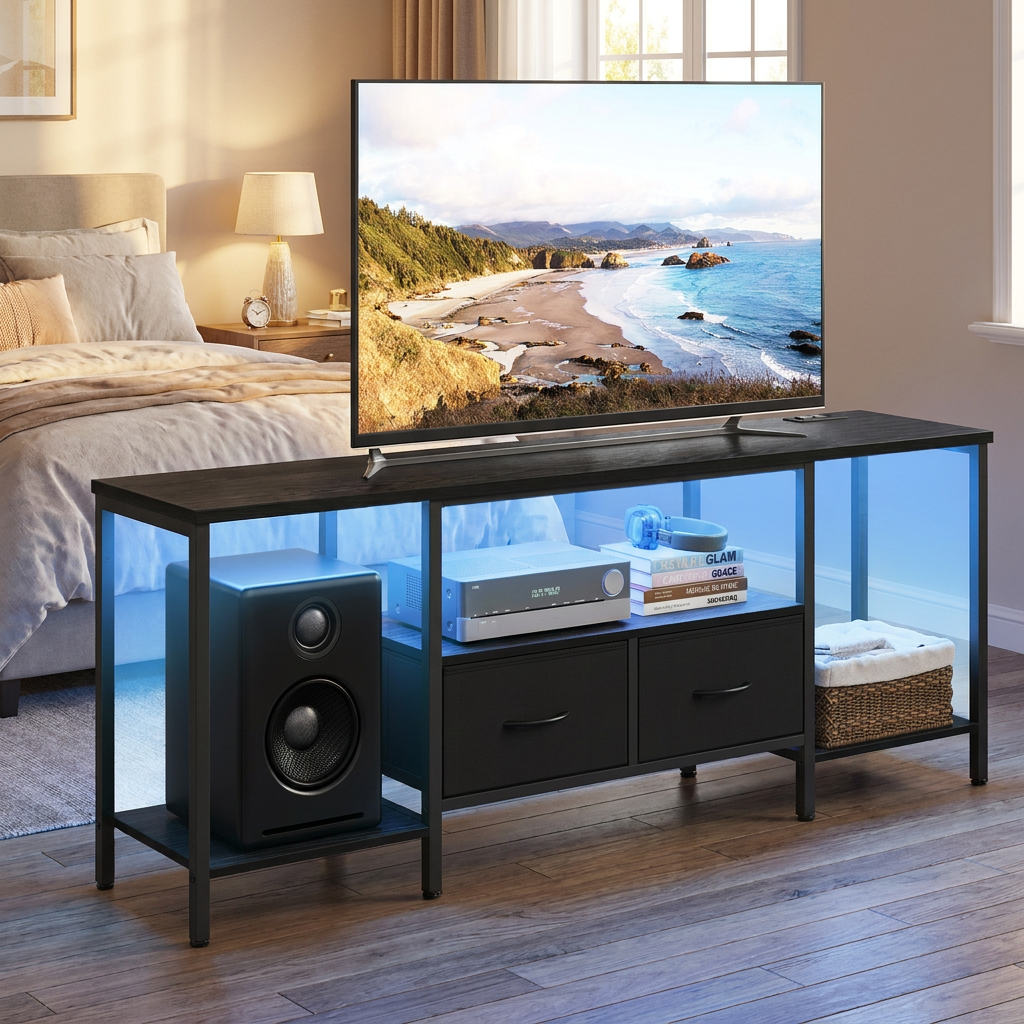 TV Stand with LED Lights and Power Outlets, Entertainment Center with 2 Drawers, 61.8 x 13.8 x 23.6 Inches, Black