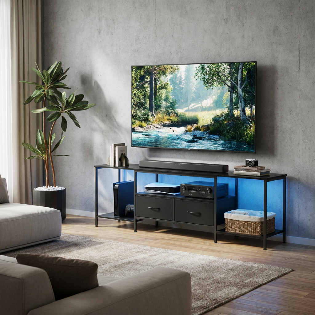 TV Stand with LED Lights and Power Outlets, Entertainment Center with 2 Drawers, 61.8 x 13.8 x 23.6 Inches, Black