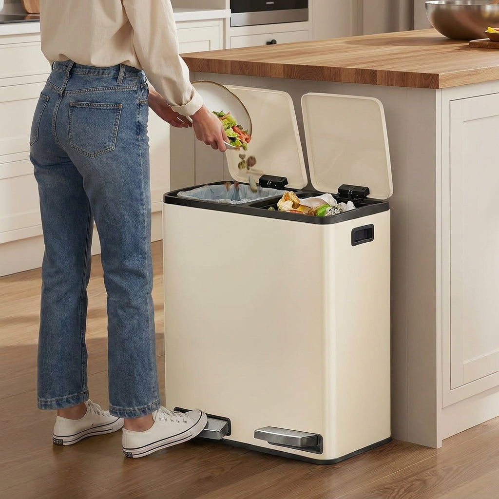 Trash Can, 60L Double Compartment PP Plastic, PE Plastic, Stainless Steel Step Garbage Can, 23.2 x 14.3 x 24.6 inches, Gold
