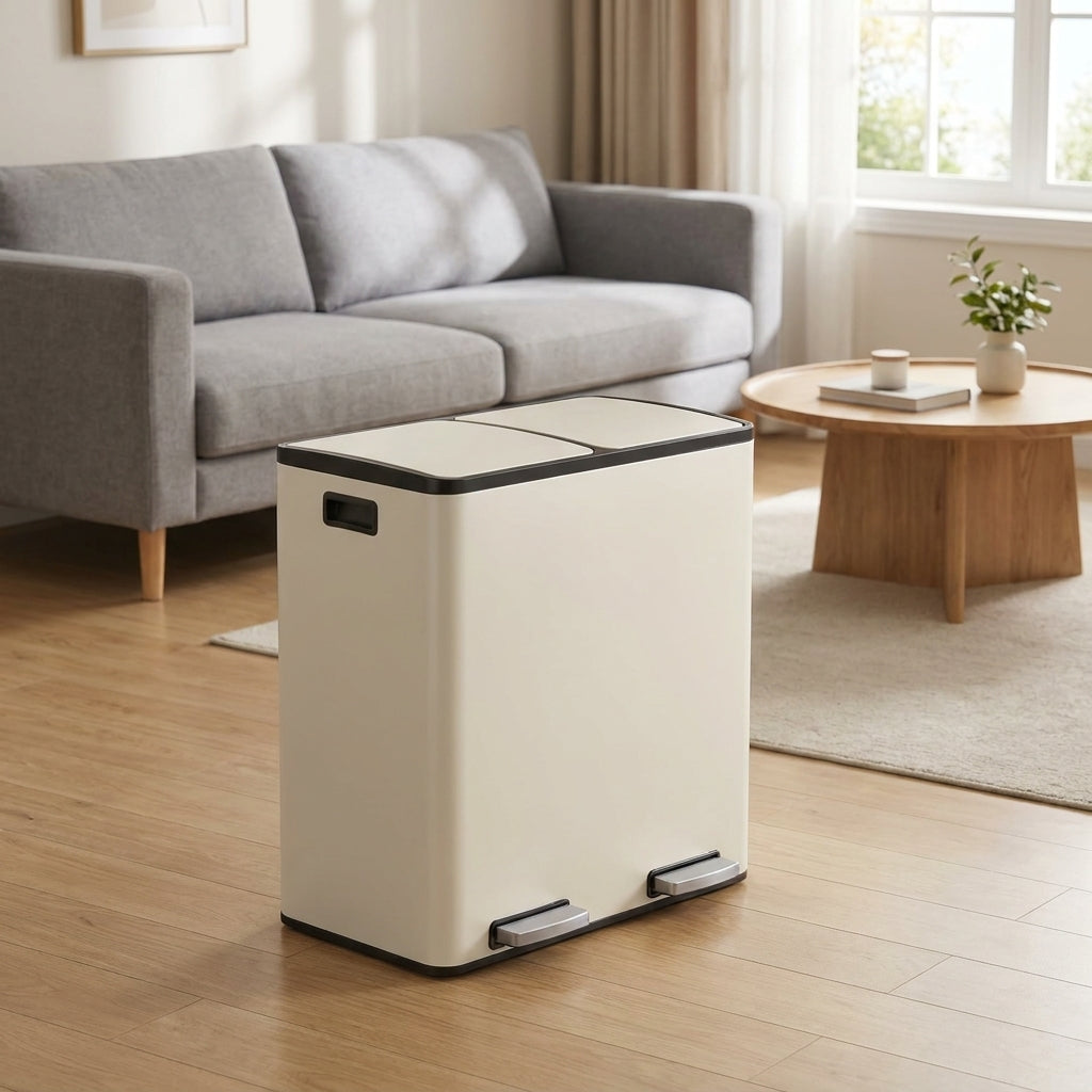 Trash Can, 60L Double Compartment PP Plastic, PE Plastic, Stainless Steel Step Garbage Can, 23.2 x 14.3 x 24.6 inches, Gold