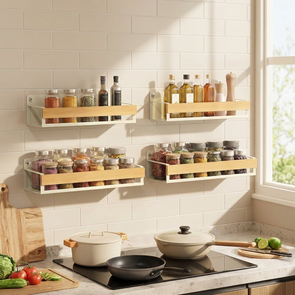 Spice Rack Wall Mounted 4 Pack, Metal Spice Organizer with Bamboo Guard, Wall Hanging Seasoning Storage Shelves for Kitchen Pantry, Cream White
