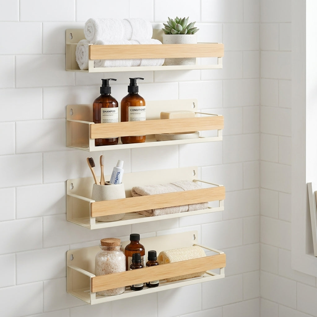Spice Rack Wall Mounted 4 Pack, Metal Spice Organizer with Bamboo Guard, Wall Hanging Seasoning Storage Shelves for Kitchen Pantry, Cream White