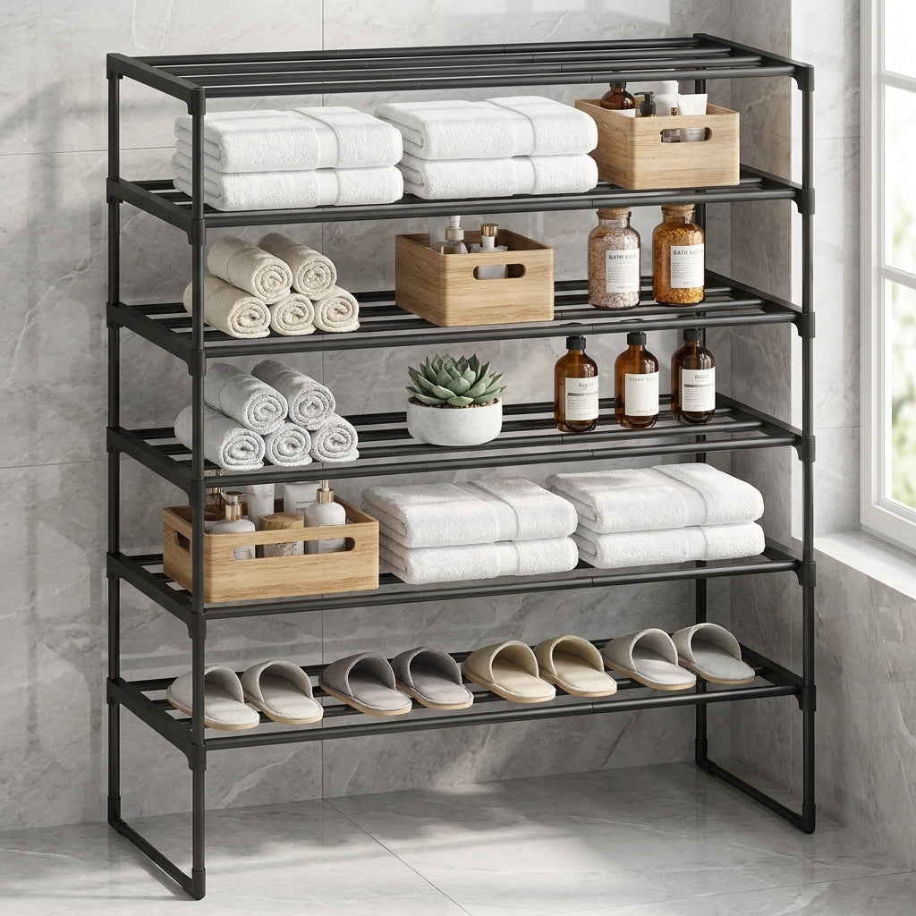 6-Tier PP Plastic, Steel Shoe Storage Shelf, Stackable Shoe Organizer, for Entryway, Black