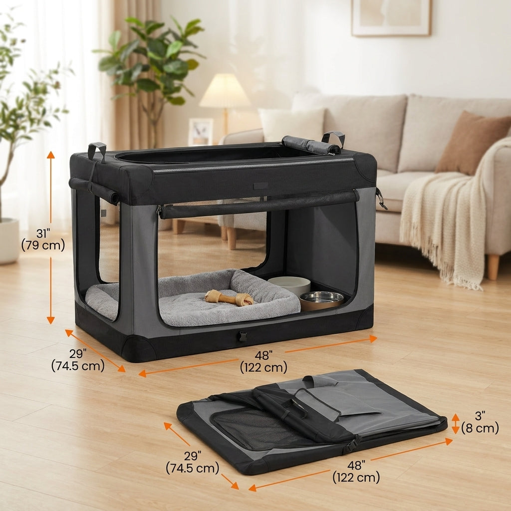 Collapsible Dog Crate, Soft-Sided Travel Pet Carrier with 4 Mesh Doors, 48 x 29.3 x 31.1 Inches, Black and Gray
