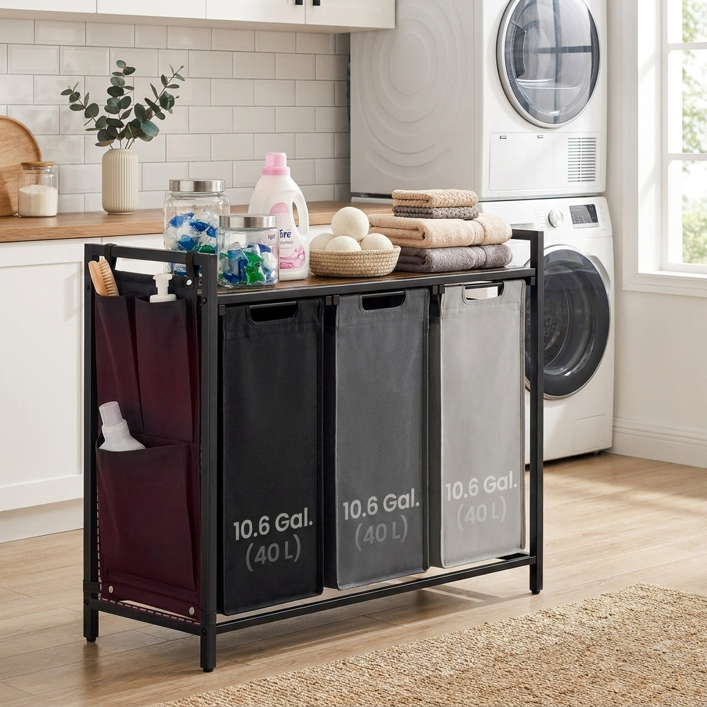 LEDREM 3-Compartment Laundry Basket with Pull-Out and Removable Liner Bags, Clothes Sorter with Shelf, Side Pockets, and Metal Frame, Ink Black and Rustic Brown