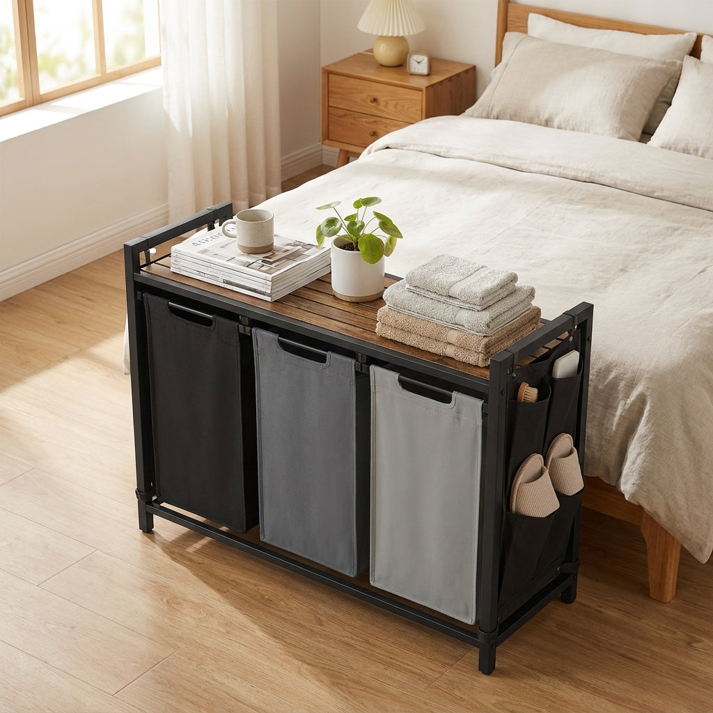 LEDREM 3-Compartment Laundry Basket with Pull-Out and Removable Liner Bags, Clothes Sorter with Shelf, Side Pockets, and Metal Frame, Ink Black and Rustic Brown