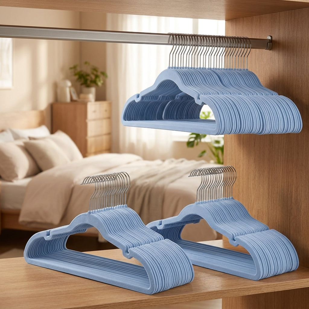 LEDREM Velvet Hangers 50 Pack, Non-Slip Space Saving Clothes Hangers with Swivel Hook, 16.9 x 8.7 x 0.2 Inches, Baby Blue
