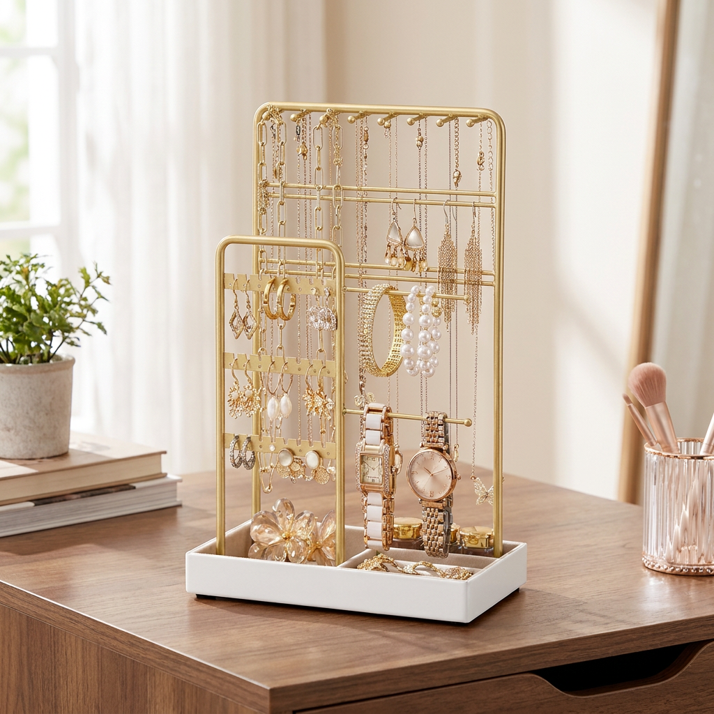 LEDREM 2-Piece Jewelry Display Stand, Metal Frame with Velvet Tray, Tabletop Organizer for Necklaces Earrings Rings, Freestanding, Pale Gold