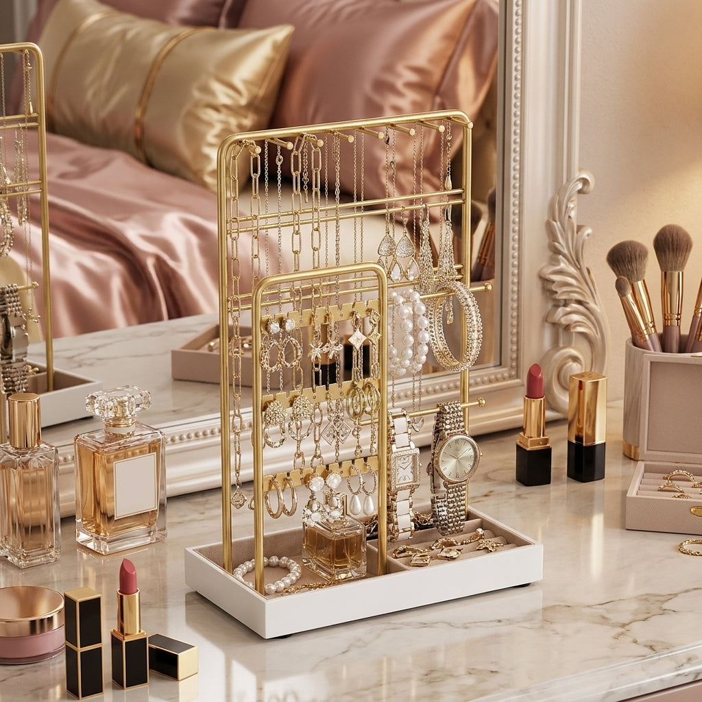 LEDREM 2-Piece Jewelry Display Stand, Metal Frame with Velvet Tray, Tabletop Organizer for Necklaces Earrings Rings, Freestanding, Pale Gold