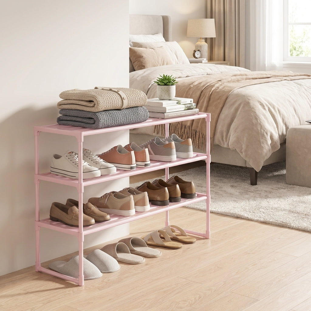 LEDREM 3-Tier Metal Shoe Storage Shelf, Stackable Shoe Organiser, for Entryway, Jelly Pink