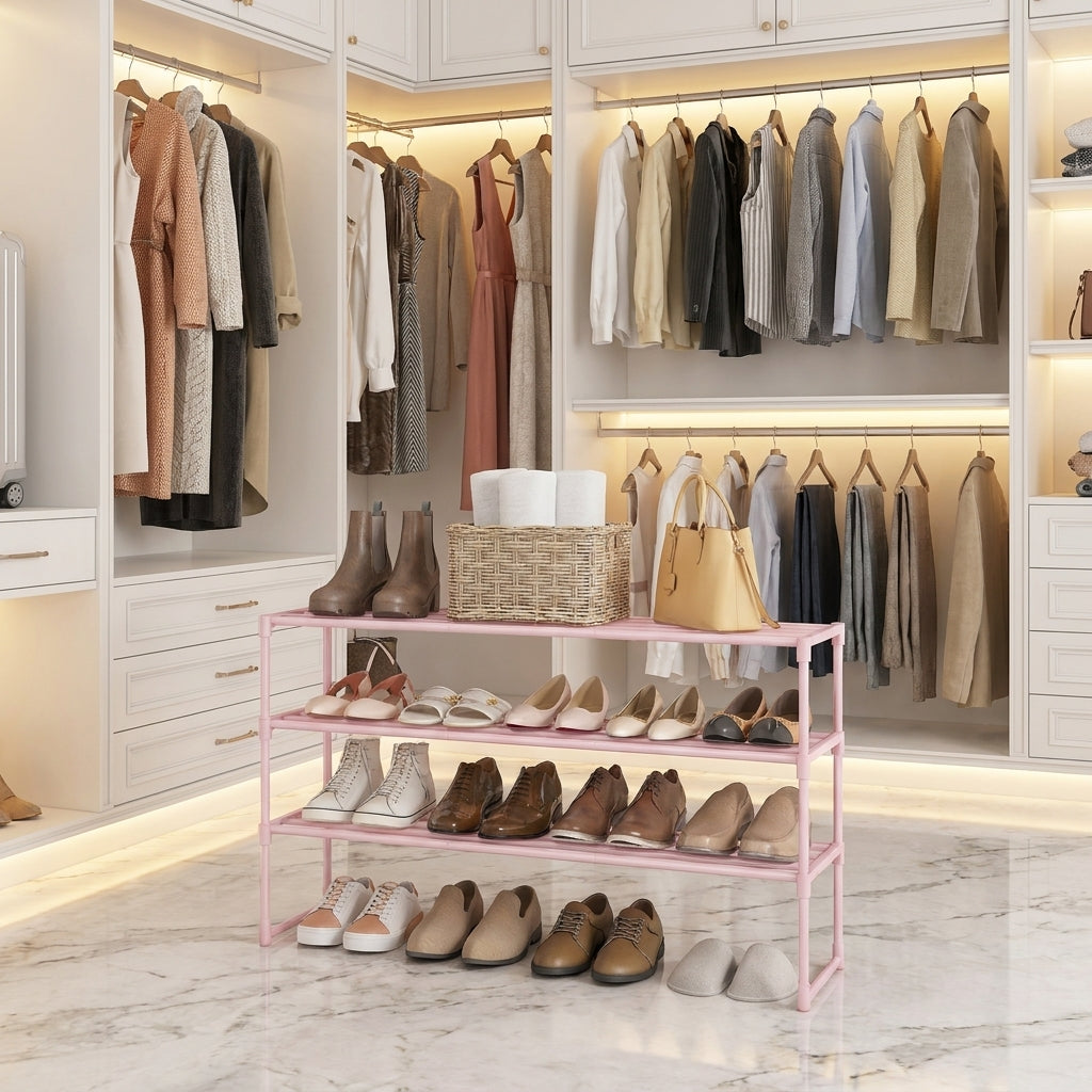 LEDREM 3-Tier Metal Shoe Storage Shelf, Stackable Shoe Organiser, for Entryway, Jelly Pink