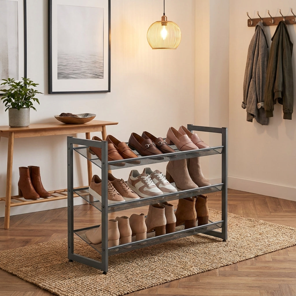 LEDREM 3-Tier Shoe Rack, Stackable Shoe Organizer, Holds 9-12 Pairs, Entryway, Adjustable Shelves, Silver
