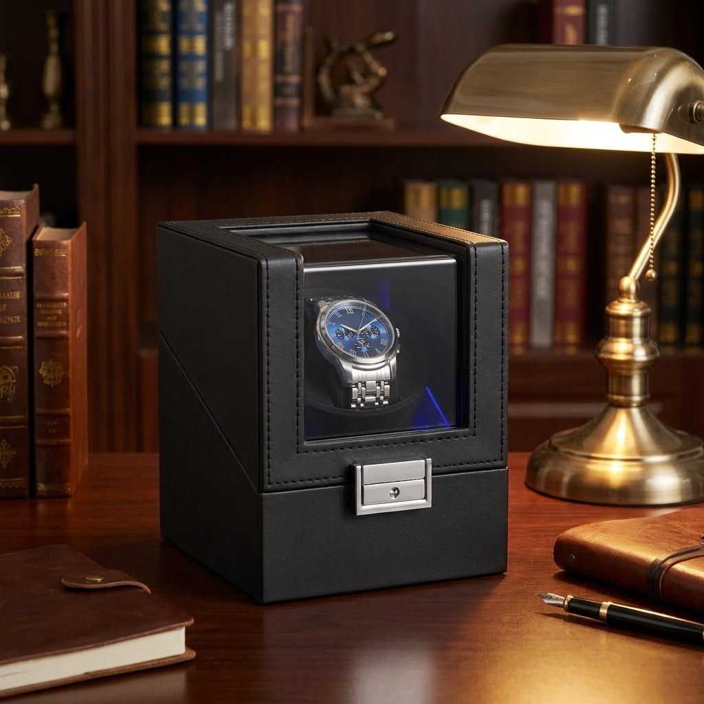 Automatic Single Watch Winder with Quiet Motor and LED Light, 4.8 x 5.1 x 6.3 Inches, Black