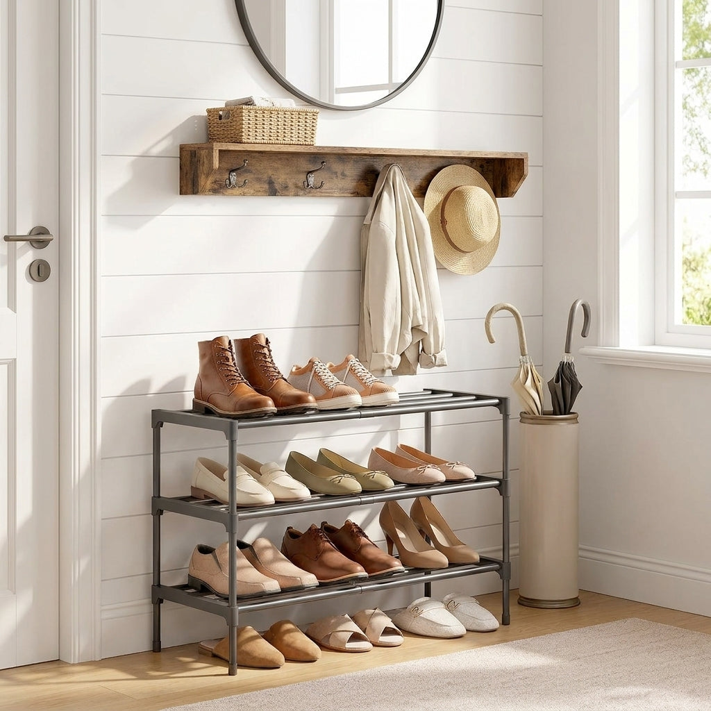 3-Tier Shoe Rack, Metal Entryway Organizer, Small Shoe Storage for Closet, 24.5 x 11.8 x 21.7 Inches, Black