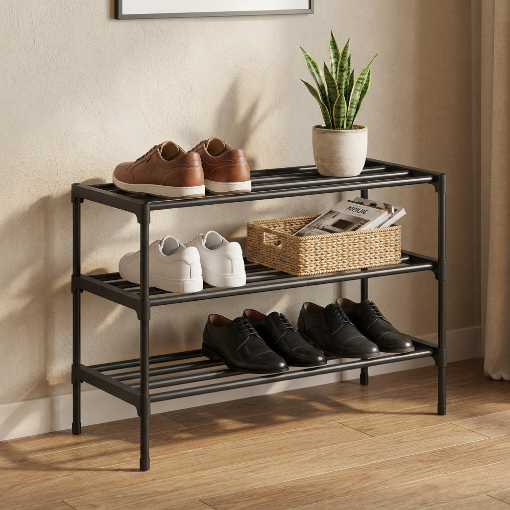 3-Tier Shoe Rack, Metal Entryway Organizer, Small Shoe Storage for Closet, 24.5 x 11.8 x 21.7 Inches, Black