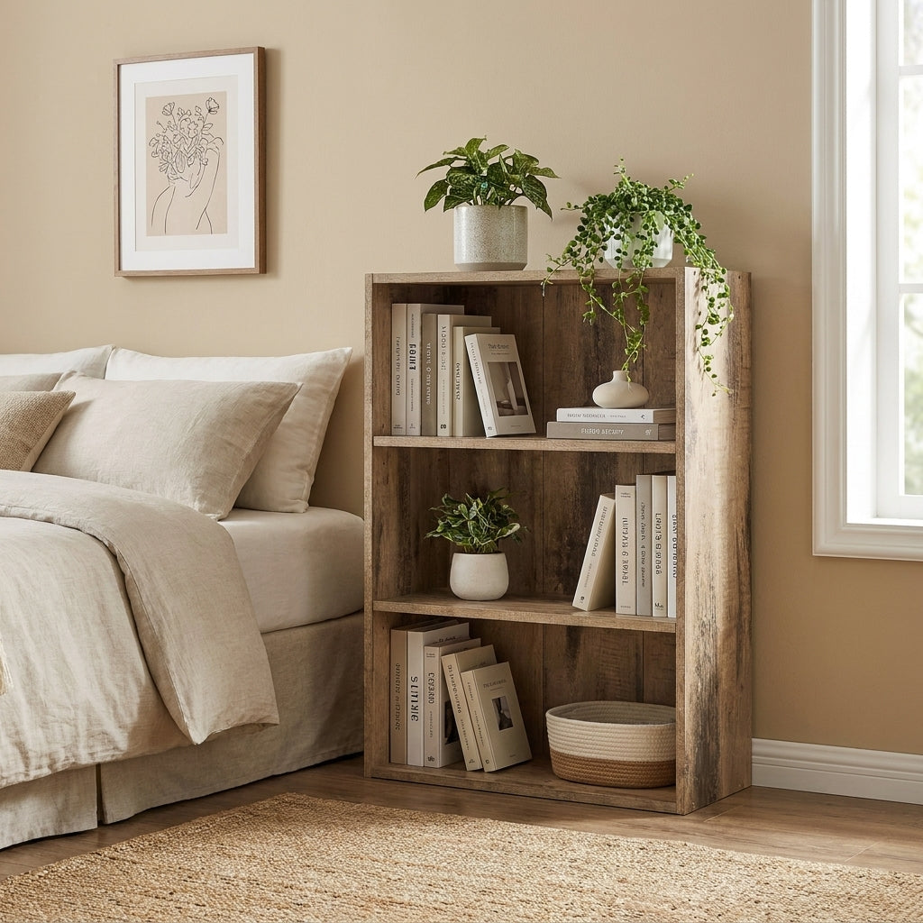 LEDREM 3-Tier Bookcase, Bookshelf with Adjustable Storage Shelves, Open Shelving, Milk Coffee