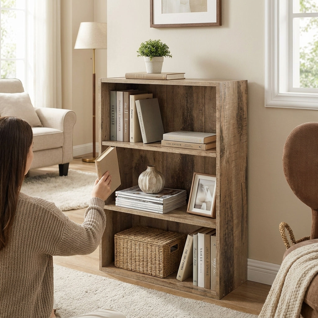 LEDREM 3-Tier Bookcase, Bookshelf with Adjustable Storage Shelves, Open Shelving, Milk Coffee