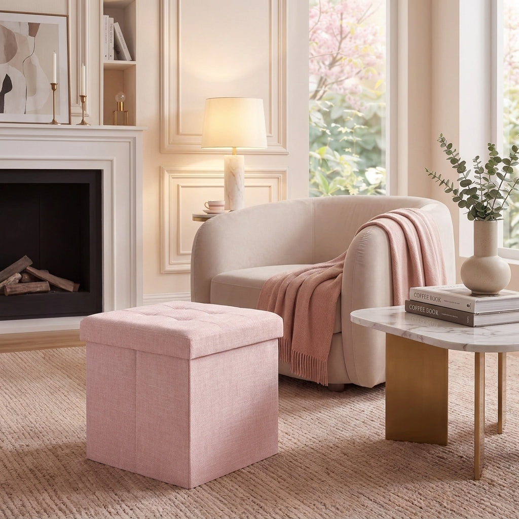 Textured PU Leather Storage Ottoman, Foldable Cushioned Footstool, 15 x 15 x 15 Inches, Pink