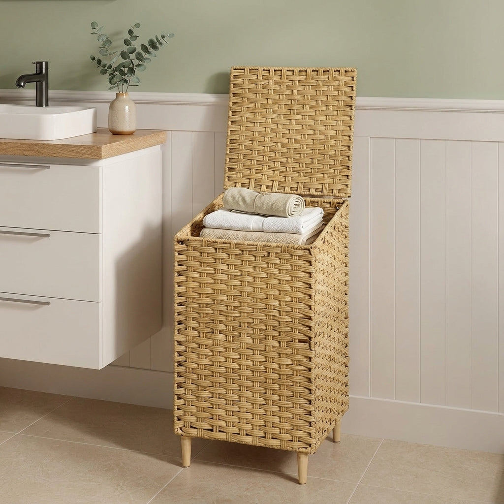 LEDREM Laundry Hamper with Lid, 4-Section PE Rattan Basket, 55.4 Gal., 15.7 x 15.7 x 27.6 Inches, Yellow and White