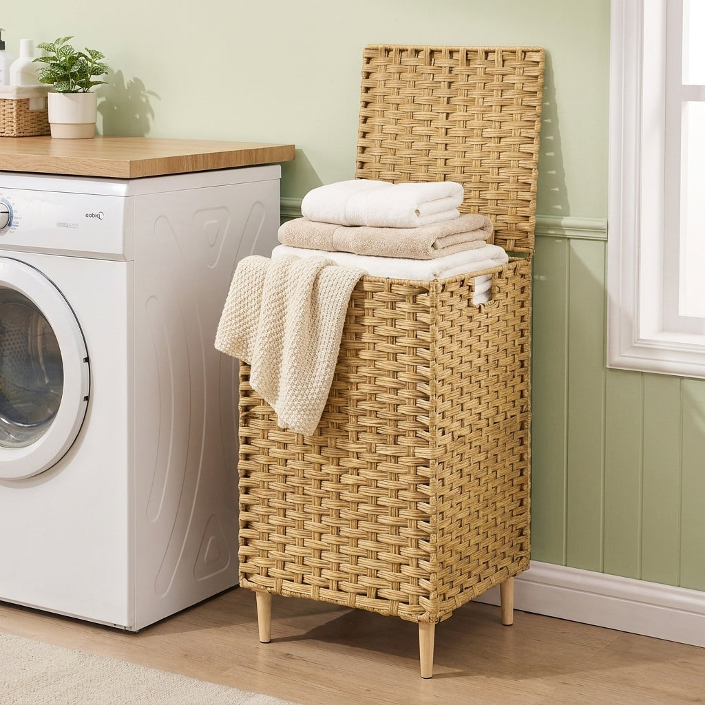 LEDREM Laundry Hamper with Lid, 4-Section PE Rattan Basket, 55.4 Gal., 15.7 x 15.7 x 27.6 Inches, Yellow and White