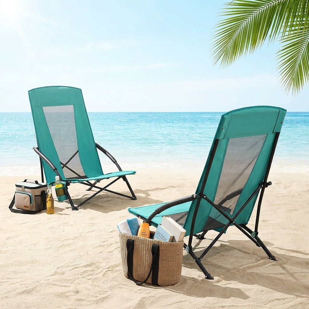 LEDREM Portable Beach Chairs Set of 2, Heavy-Duty with High Backrest and Cup Holder, 22.1 x 20.9 x 29.1 inches, Green