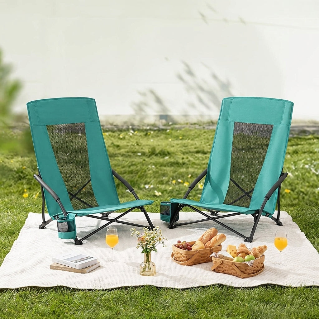 LEDREM Portable Beach Chairs Set of 2, Heavy-Duty with High Backrest and Cup Holder, 22.1 x 20.9 x 29.1 inches, Green
