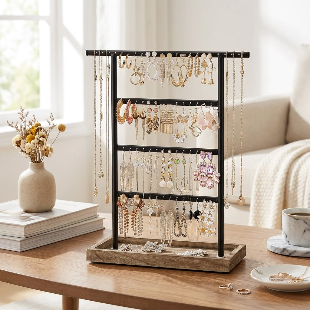 LEDREM 2-Piece 4-Tier Jewelry Stand Set, Earring & Necklace Organizer with Ring Tray, Metal Frame, Tabletop Display, Black and Wood