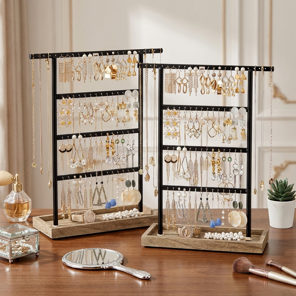 LEDREM 2-Piece 4-Tier Jewelry Stand Set, Earring & Necklace Organizer with Ring Tray, Metal Frame, Tabletop Display, Black and Wood