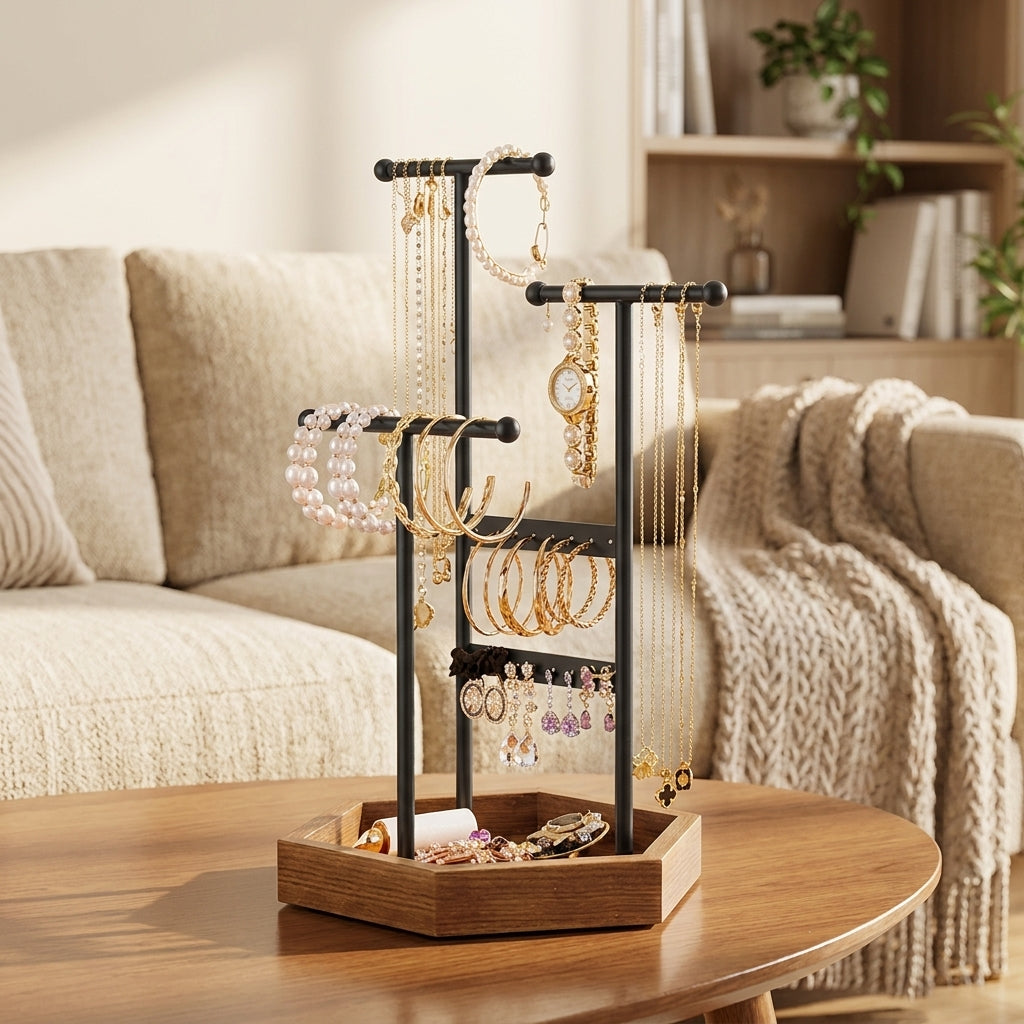 LEDREM 2-Piece Ring Jewelry Holder Set, 3-Tier Metal Stand with Tray, T-Bar Organizer for Rings & Bracelets, Tabletop Display, Black & Brown
