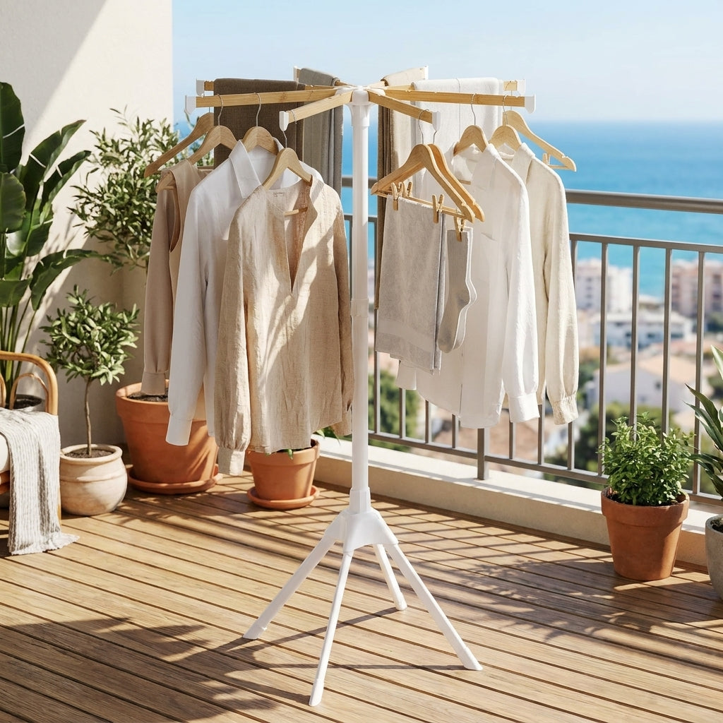 LEDREM Clothes Drying Rack, Foldable Tall Laundry Rack with Bamboo Rods, 33.3 x 33.3 x 57.5 Inches, White and Natural