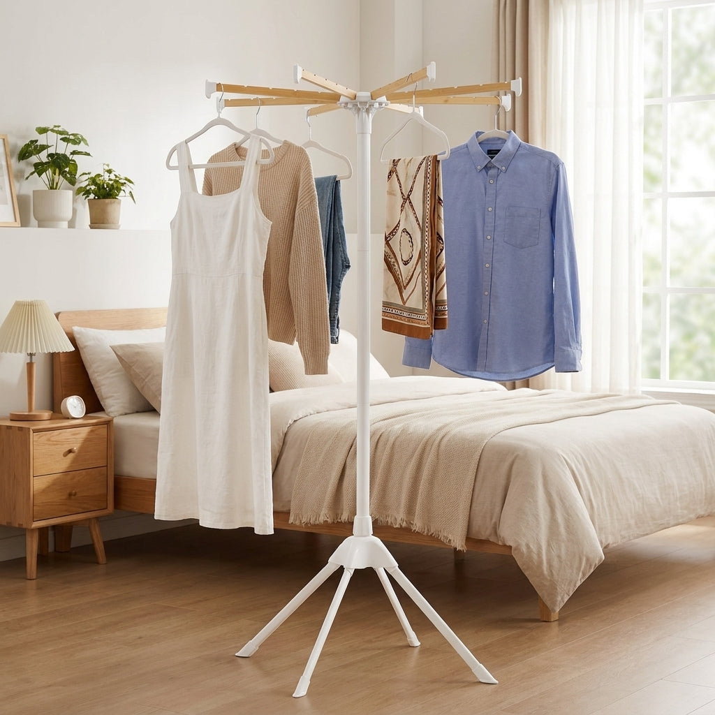 LEDREM Clothes Drying Rack, Foldable Tall Laundry Rack with Bamboo Rods, 33.3 x 33.3 x 57.5 Inches, White and Natural