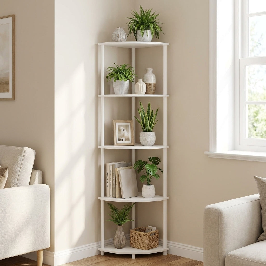 LEDREM Corner Shelf, Quick Toolless Assembly, 5-Tier Corner Display Shelf, Storage Stand, Living Room Bedroom, White
