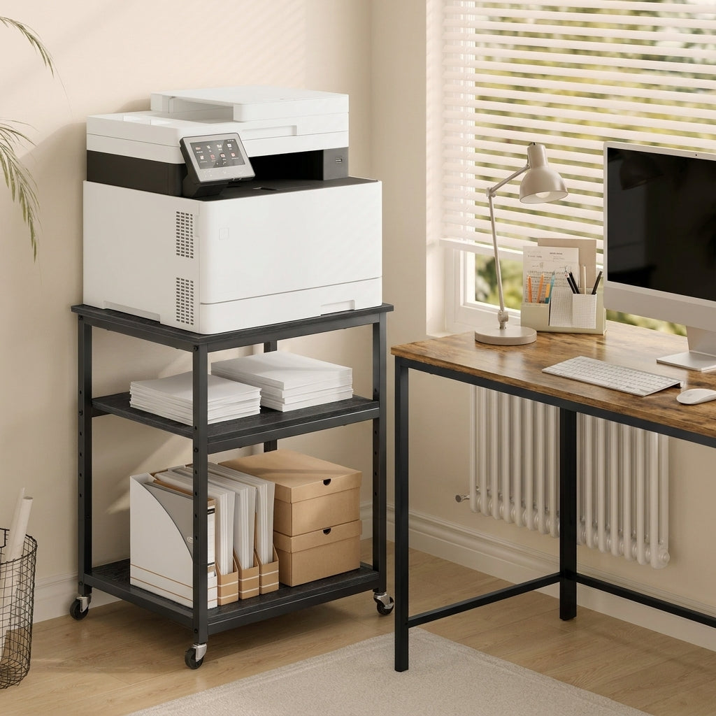 LEDREM 3-Tier Printer Rack, Home Office Under Desk Shelves, Mobile Cart with Wheels, Black