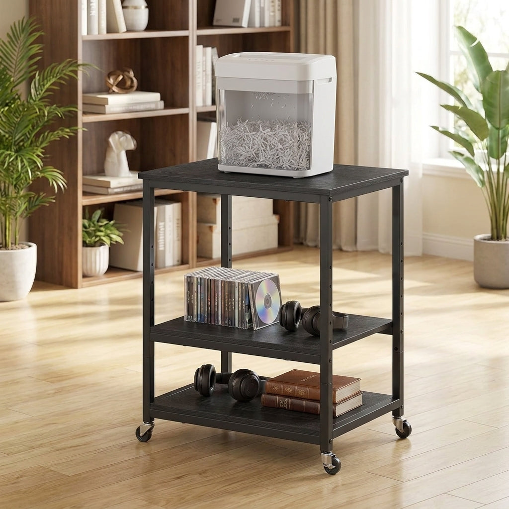 LEDREM 3-Tier Printer Rack, Home Office Under Desk Shelves, Mobile Cart with Wheels, Black