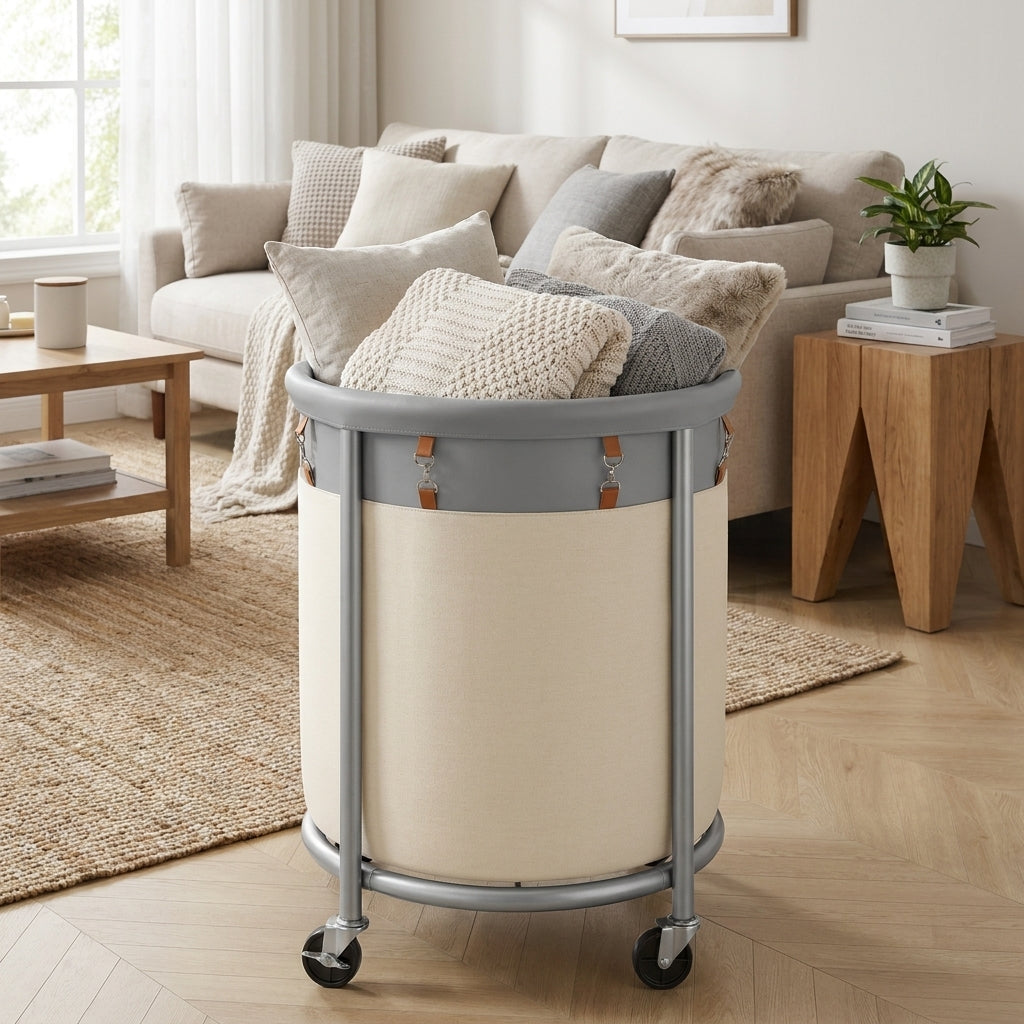 LEDREM Rolling Laundry Basket with Wheels, Laundry Hamper, 4 Casters and 2 Brakes, Gray and White