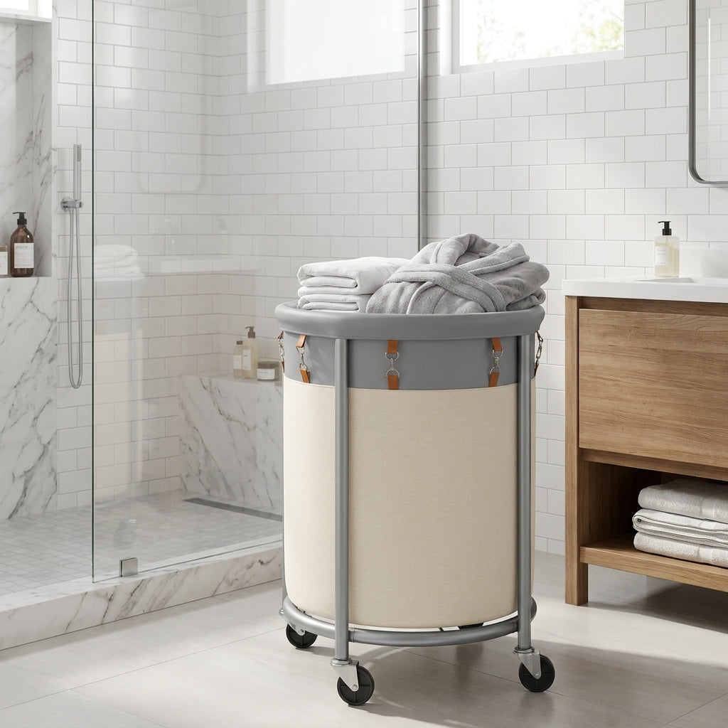 LEDREM Rolling Laundry Basket with Wheels, Laundry Hamper, 4 Casters and 2 Brakes, Gray and White