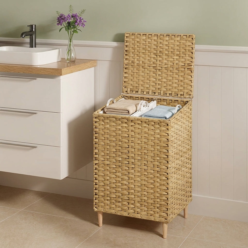 LEDREM Laundry Hamper with Lid, 4-Section PE Rattan Basket, 55.4 Gal., 18.1 x 15.7 x 27.6 Inches, Yellow and White
