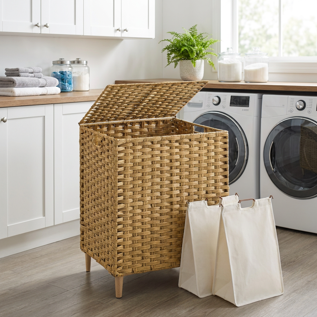 LEDREM Laundry Hamper with Lid, 4-Section PE Rattan Basket, 55.4 Gal., 18.1 x 15.7 x 27.6 Inches, Yellow and White