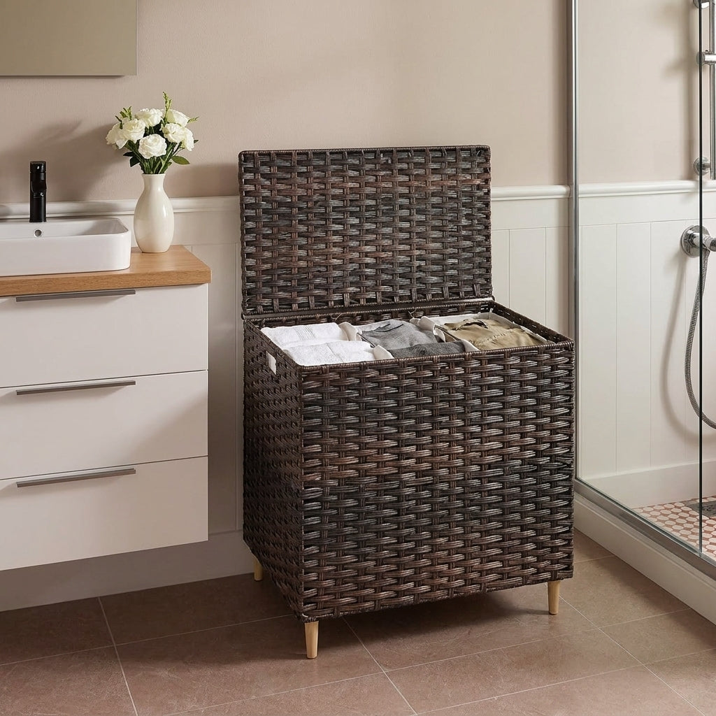 LEDREM Laundry Hamper with Lid, 4-Section PE Rattan Basket, 55.4 Gal., 26 x 15.7 x 27.6 Inches, Brown