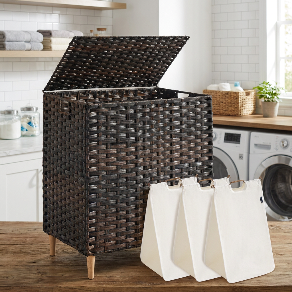 LEDREM Laundry Hamper with Lid, 4-Section PE Rattan Basket, 55.4 Gal., 26 x 15.7 x 27.6 Inches, Brown
