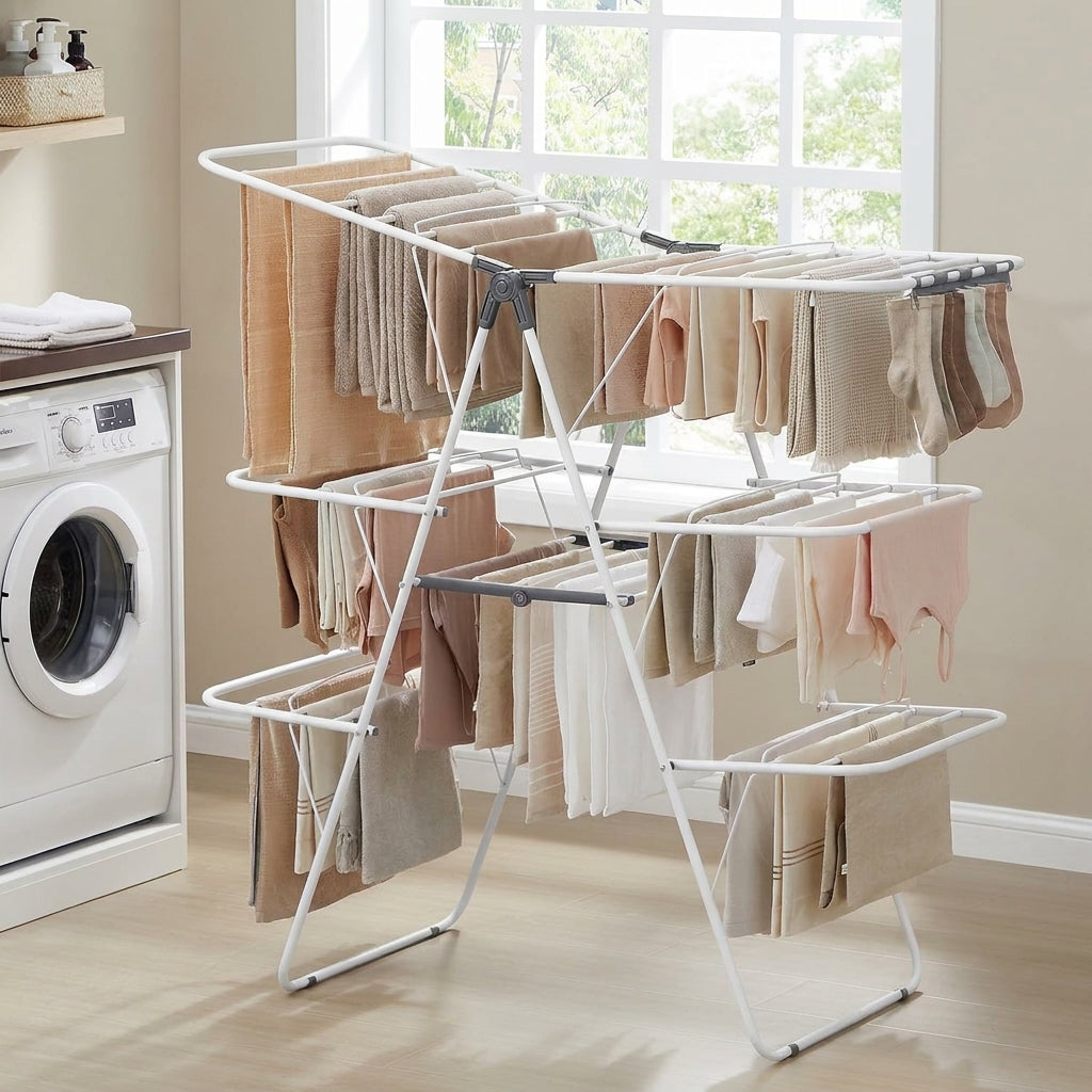 LEDREM Clothes Drying Rack Foldable 3-Tier Space Saving Laundry Rack with Sock Clips 49.8 x 23.6 x 48.2 Inches White