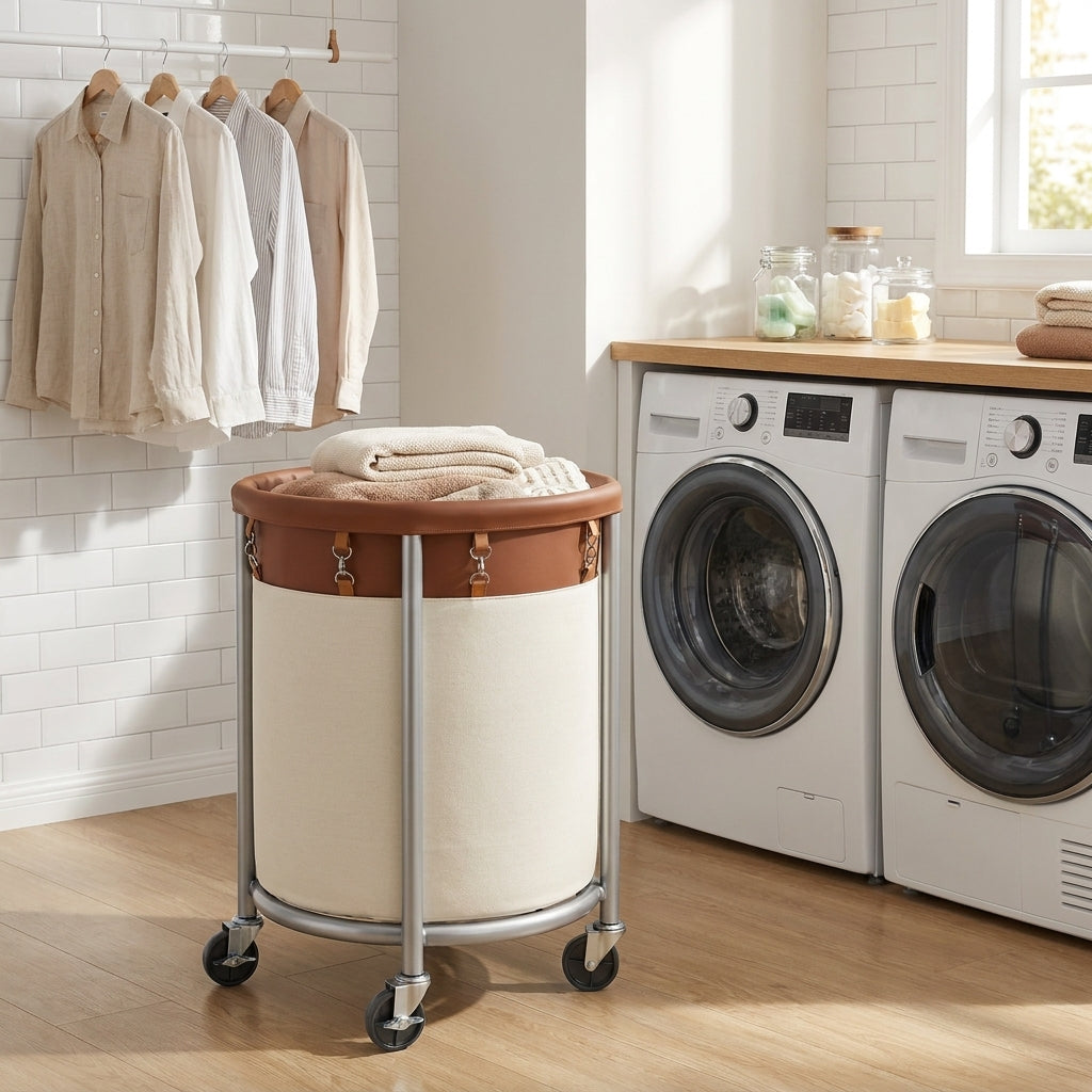 LEDREM Rolling Laundry Basket with Wheels, Laundry Hamper, 4 Casters and 2 Brakes, Tan and White