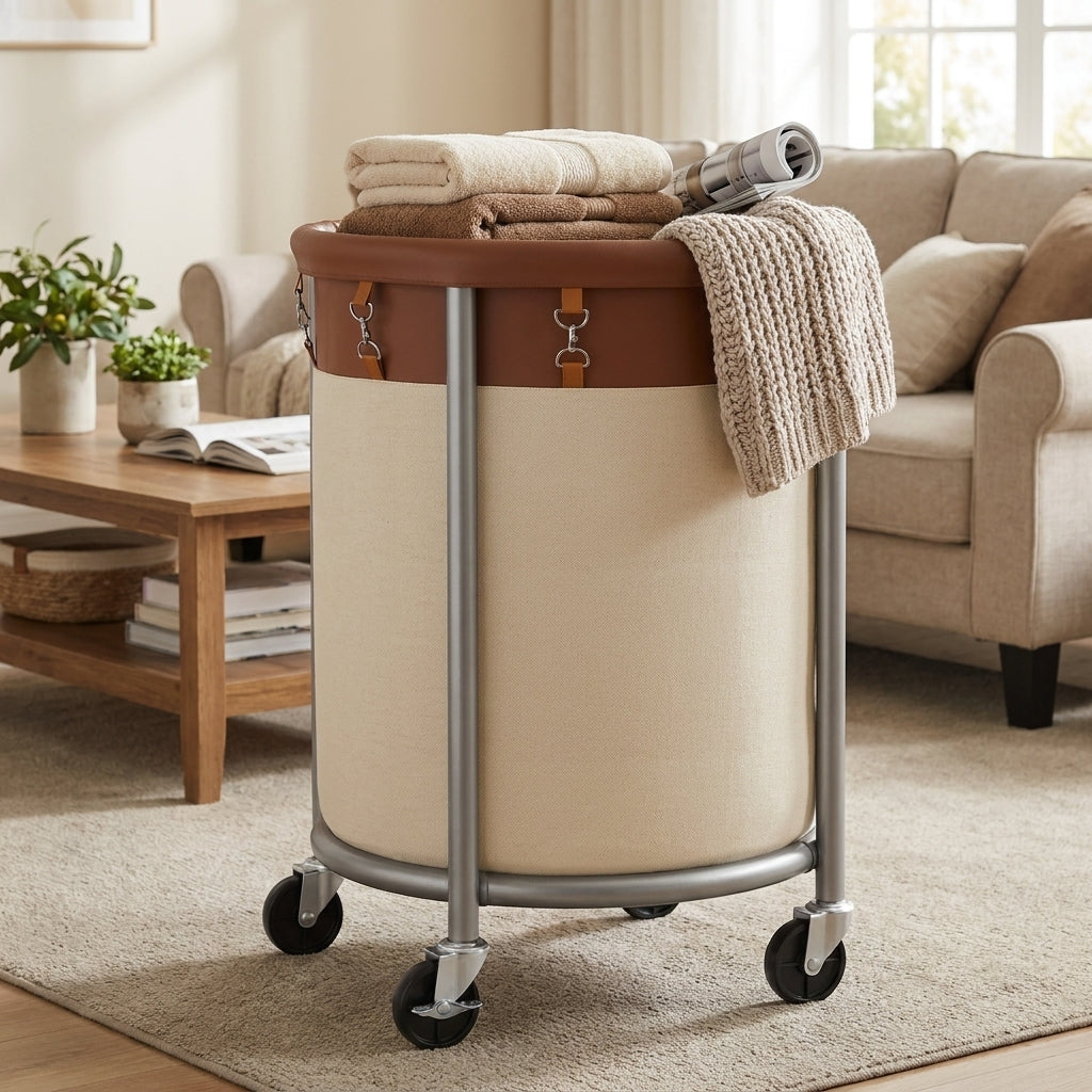 LEDREM Rolling Laundry Basket with Wheels, Laundry Hamper, 4 Casters and 2 Brakes, Tan and White