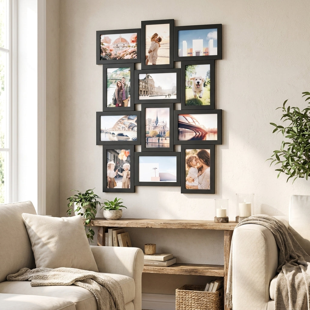 LEDREM Collage Picture Frame for 12 Photos, MDF Wood Gallery Wall Decor, 4 x 6 Inches, Black