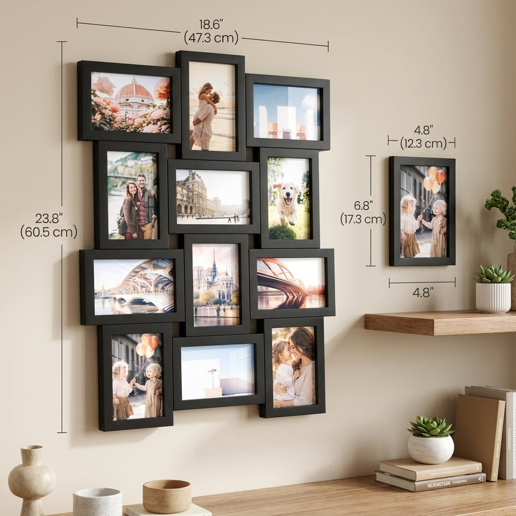 LEDREM Collage Picture Frame for 12 Photos, MDF Wood Gallery Wall Decor, 4 x 6 Inches, Black