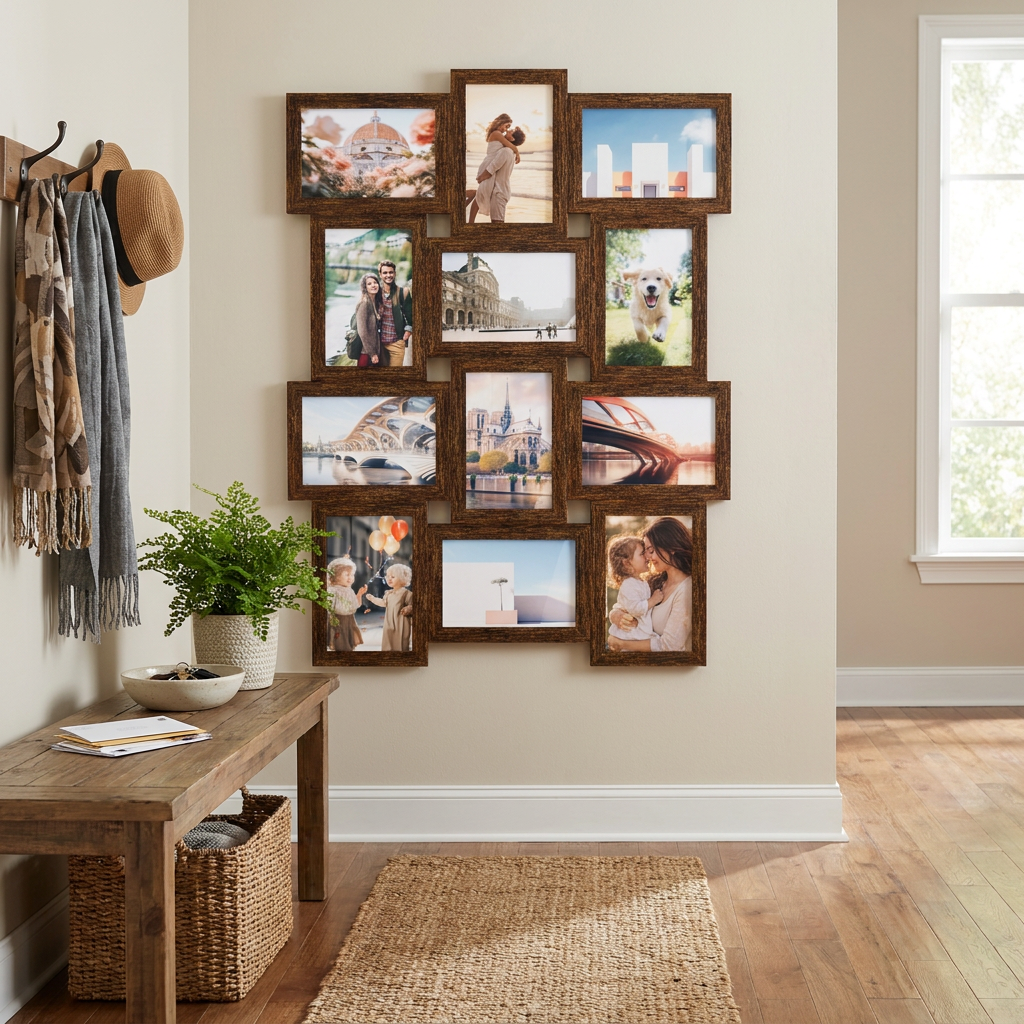 LEDREM Collage Picture Frame for 12 Photos, MDF Wood Gallery Wall Decor, 4 x 6 Inches, Reddish Brown