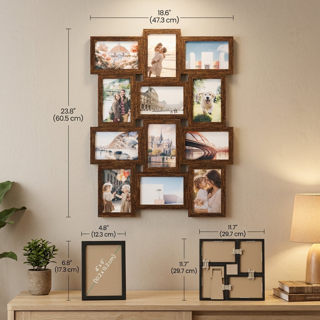LEDREM Collage Picture Frame for 12 Photos, MDF Wood Gallery Wall Decor, 4 x 6 Inches, Reddish Brown
